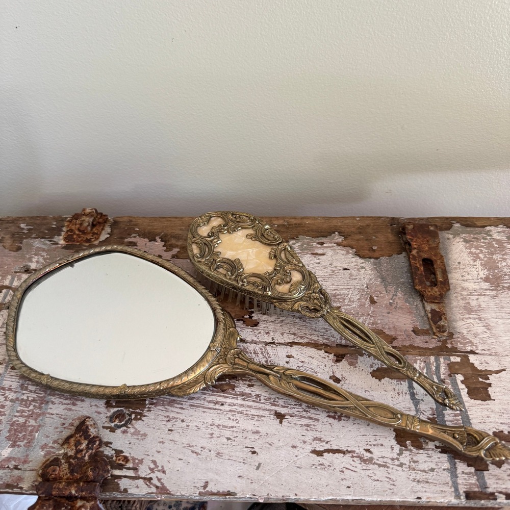 Vintage Ornate Gold Tone Filigree Vanity Hand Mirror & Brush Hollywood Regency